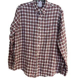 Brooks Brothers Mens Linen Shirt Large Long Sleeve Button Down Plaid Regent Fit